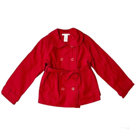 Janie and Jack Ruffle Trench Coat Size 4T-5T Red Pea Coat Parisian Chic …